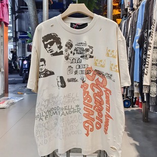 Paly T恤男女潮 Hollywood烫钻OFFvintage水洗复古做旧宽松VTG短袖