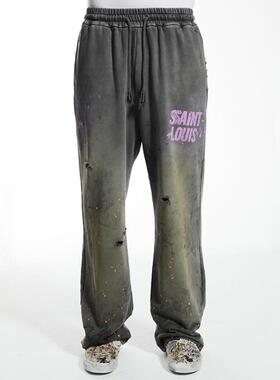 Saint Louis泼墨破坏美式高街休闲宽松平口卫裤涂鸦VTG长裤男女潮