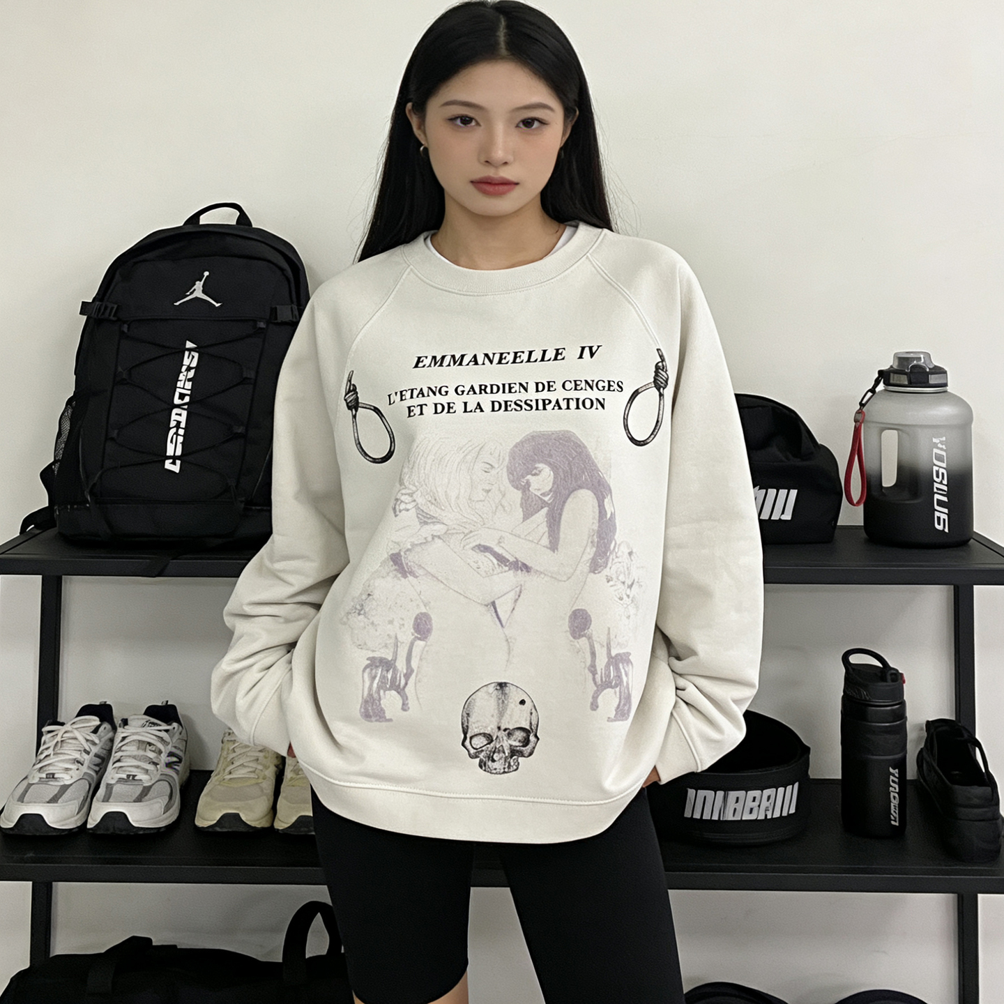 ERD忧郁富二代美女骷髅VTG美式高街水洗休闲插肩长袖圆领卫衣男女