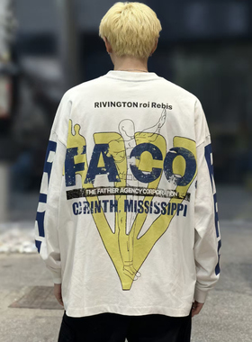 RRR123涂鸦字母标语美式高街VTG水洗宽松长袖打底T恤男女ins潮