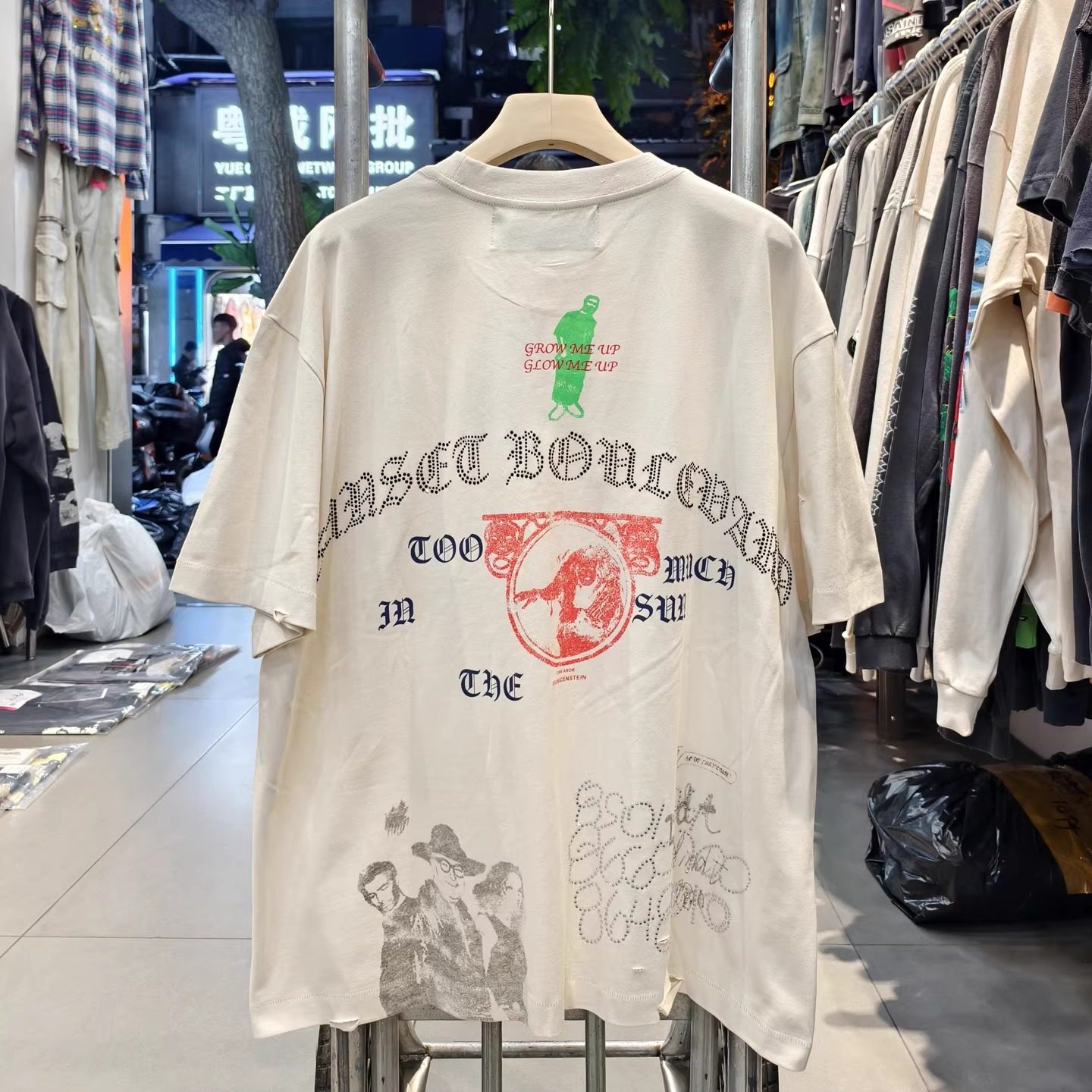 Paly Hollywood烫钻老头vintage水洗复古做旧宽松VTG短袖T恤男女