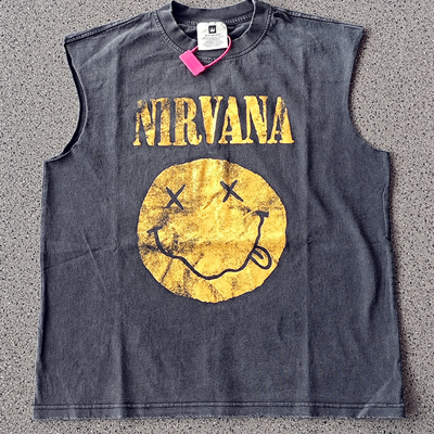 Saint破坏笑脸美式高街vintage水洗复古做旧宽松VTG背心无袖T恤男