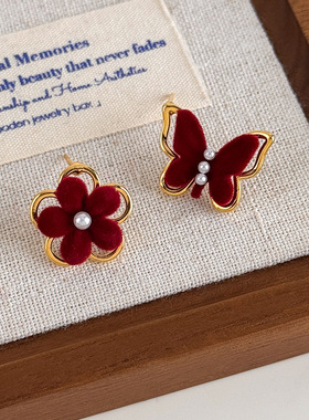 花朵蝴蝶红色耳钉女不对称小众高级气质新年耳环春天新款爆款耳饰