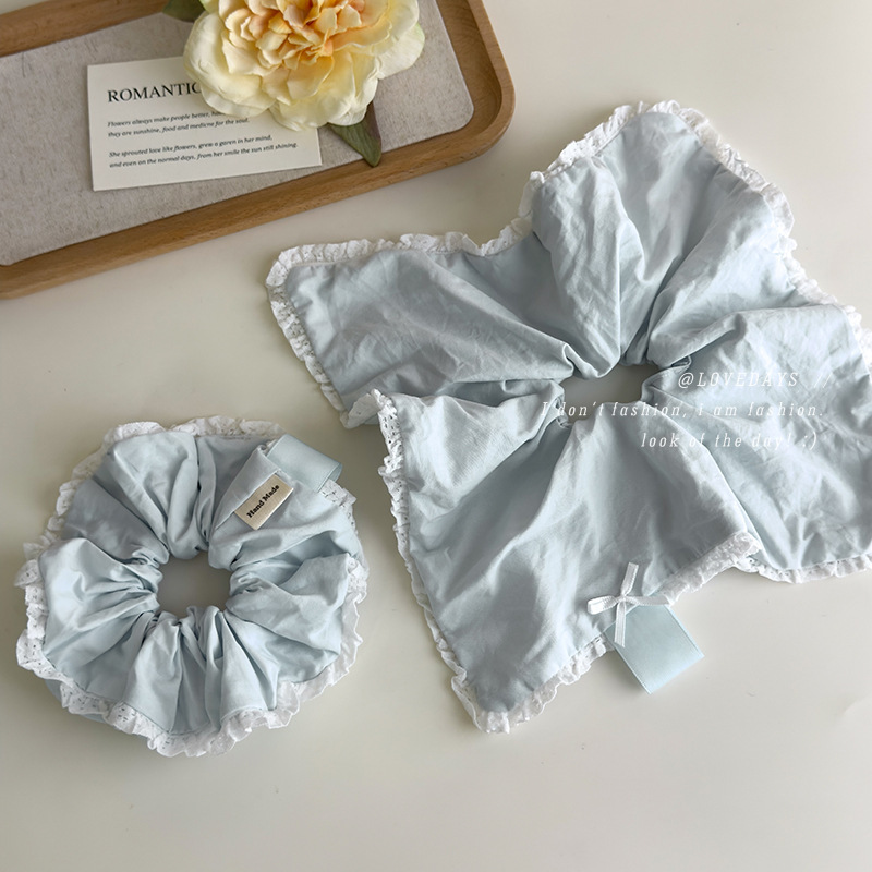 温柔淡奶蓝色蕾丝花边纯色大肠发圈韩系清新扎头发绳皮筋头绳发饰