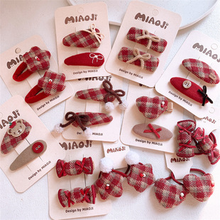 儿童蝴蝶结爱心格纹发夹甜美女童侧边刘海碎发BB夹扎头发皮筋头绳