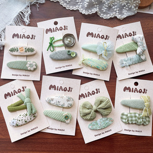 新款 布艺刘海夹甜美碎花BB夹小女孩侧边夹发卡 绿色系儿童发夹韩版