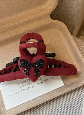 红色布艺缠绕爱心砂糖蝴蝶结抓夹大号女高颜值盘发发抓气质鲨鱼夹