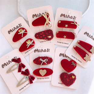 儿童红色绒布蝴蝶结爱心发夹甜美女童侧边刘海夹宝宝碎发BB夹发卡