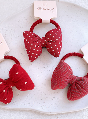 儿童新年红色圆点充棉蝴蝶结发圈小女孩扎马尾皮筋发绳不伤发头绳
