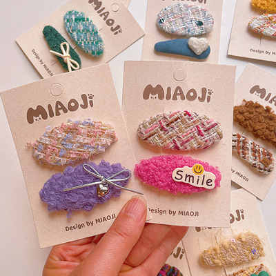 新款韩版儿童秋冬彩色系刘海夹毛绒碎发边夹女童格纹BB夹宝宝发卡