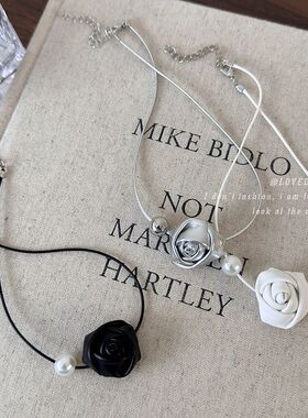 法式气质皮质玫瑰花珍珠颈链choker小众设计高级感项链女2024新款