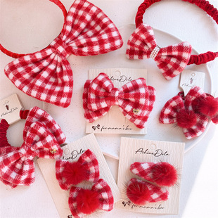 儿童红色格子蝴蝶结发夹发圈女孩扎马尾皮筋头绳碎发头箍发卡BB夹
