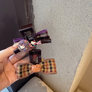 韩系新款 复古格纹蝴蝶结AB面抓夹甜美少女KT猫发夹后脑勺半扎发卡