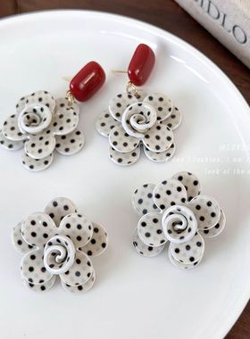 日系复古红色撞色可爱立体波点花朵耳钉小众设计夸张气质耳饰耳环