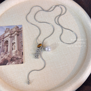 秋冬串珠虎眼石仿珍珠葡萄串流苏项链女轻奢小众设计感气质毛衣链