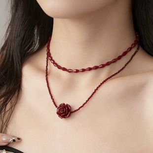 复古法式 红色玫瑰花双层叠戴项链女小众设计感choker颈链锁骨链潮