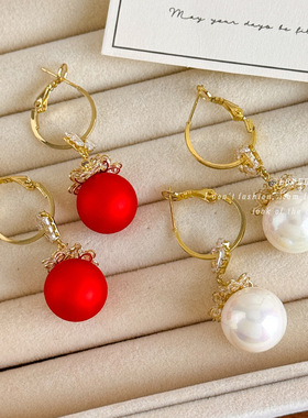 新年红色喜庆珍珠耳环女中国风过年气质长款耳钉2025年新款潮饰品