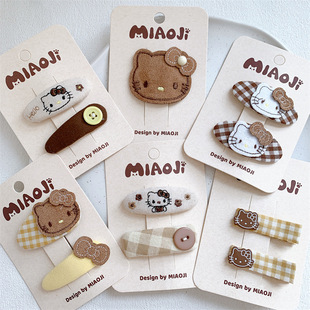 韩系新款 儿童卡通猫咪格纹发夹甜美女童侧边刘海夹碎发夹BB夹