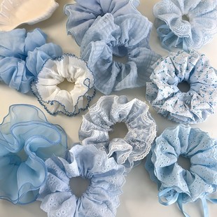 春夏新款 蓝色系蕾丝格子大肠发圈女小蛮腰头饰丸子头大号发绳发饰