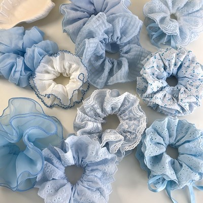 春夏新款蓝色系蕾丝格子大肠发圈女小蛮腰头饰丸子头大号发绳发饰