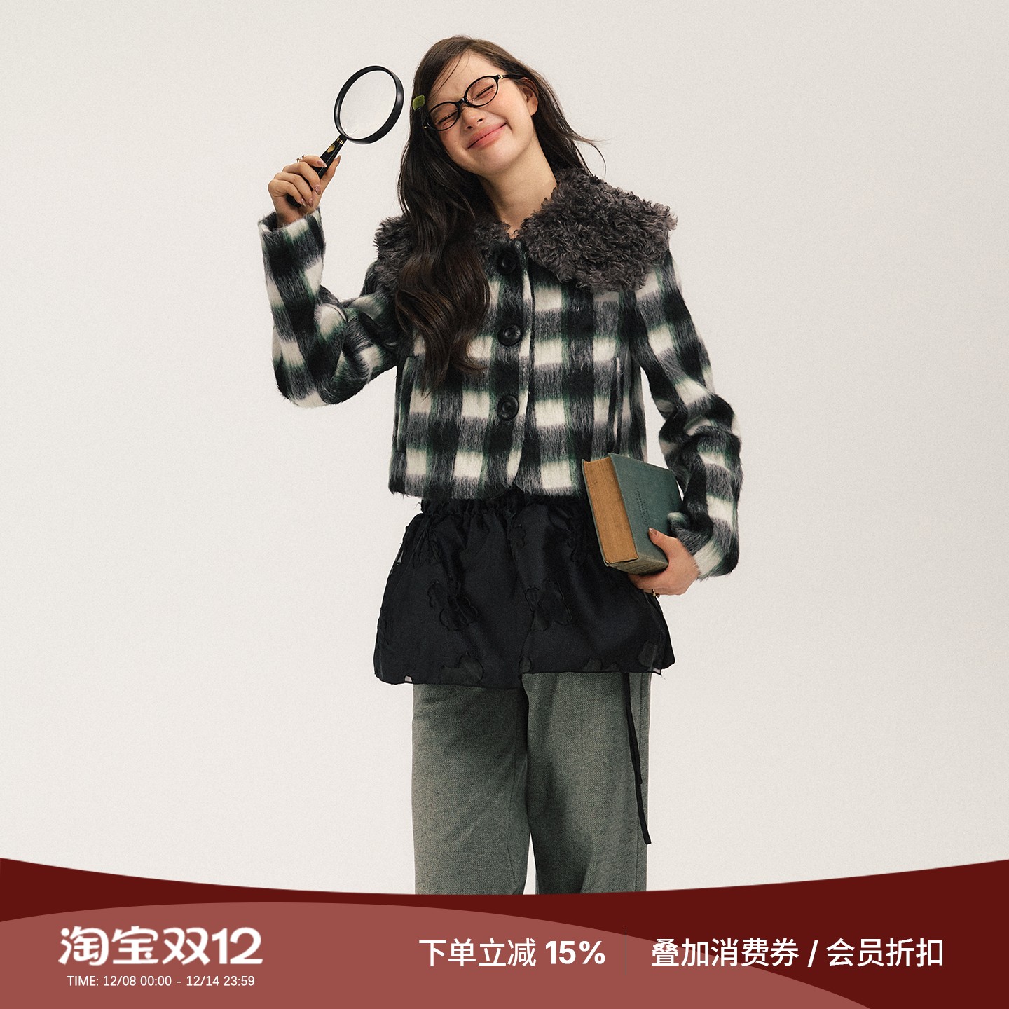 拼接毛领绿黑格子毛呢夹棉短外套