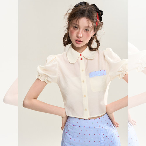娃娃领泡泡袖衬衫甜美