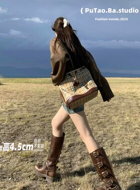 靴子女夏款美式复古高筒靴骑士靴棕色朋克机车靴长筒靴西部牛仔靴
