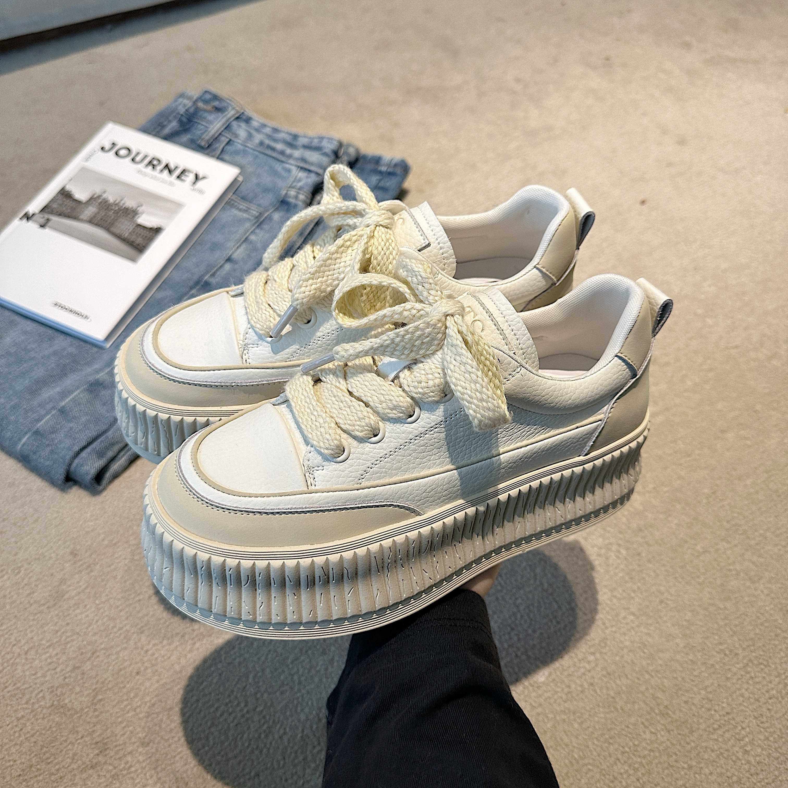 ts饼干鞋女2023年春季新款小众设计感厚底百搭小白鞋休闲面包鞋子