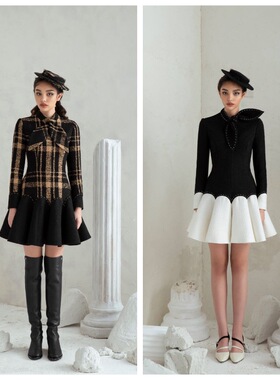 国现-独立设计师Lobbster 时尚新款拼色修身气质大下摆长袖连衣裙