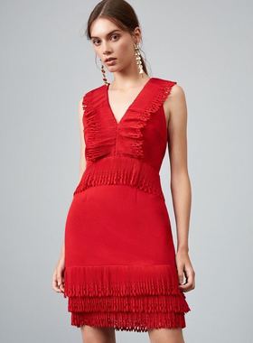 特价款 澳洲品牌Keepsake 春夏V领红色荷叶边蛋糕连衣裙 不退不换