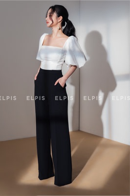 国现 设计师品牌ELPIS 时尚大方领泡泡袖收腰修身气质全棉上衣