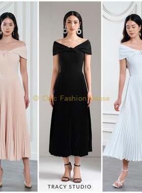 越南Tracy studio 新款简洁V领气质优雅高腰修身光泽百褶连衣裙女