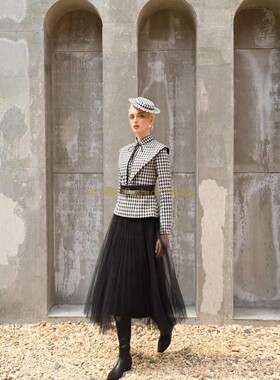 国现-独立设计师Lobbster 时尚新款千鸟格毛呢外套网纱半裙套装女