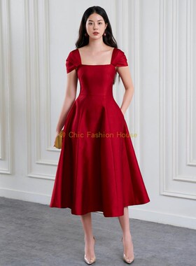 越南Tracy studio时尚方领优雅高腰修身小礼服连衣裙敬酒服