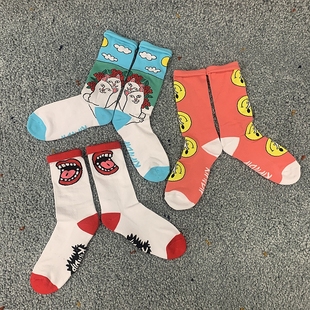 中长袜 猫猫涂鸦插画扎染男女款 SOCK DAD现货美潮街头复古滑板袜