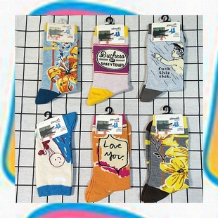 街头艺术袜子花袜手绘插画长袜男女薄款 现货blueQ DAD SOCK