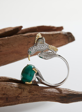 S925纯银镶天然孔雀石彩宝戒指女时尚个性潮款飞鸟设计跨境爆款