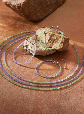 天然宝石沙弗莱坦桑石彩宝项链女套装s925银高级感爆款串珠锁骨链