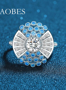 欧美时尚气质开口戒指女925通体纯银海蓝色锆石1克拉白钻求婚戒指