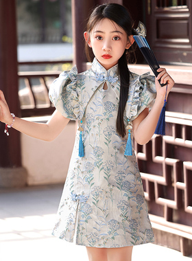 女童旗袍走秀礼服夏季儿童国风洋气裙子小女孩中式公主连衣裙蓝色