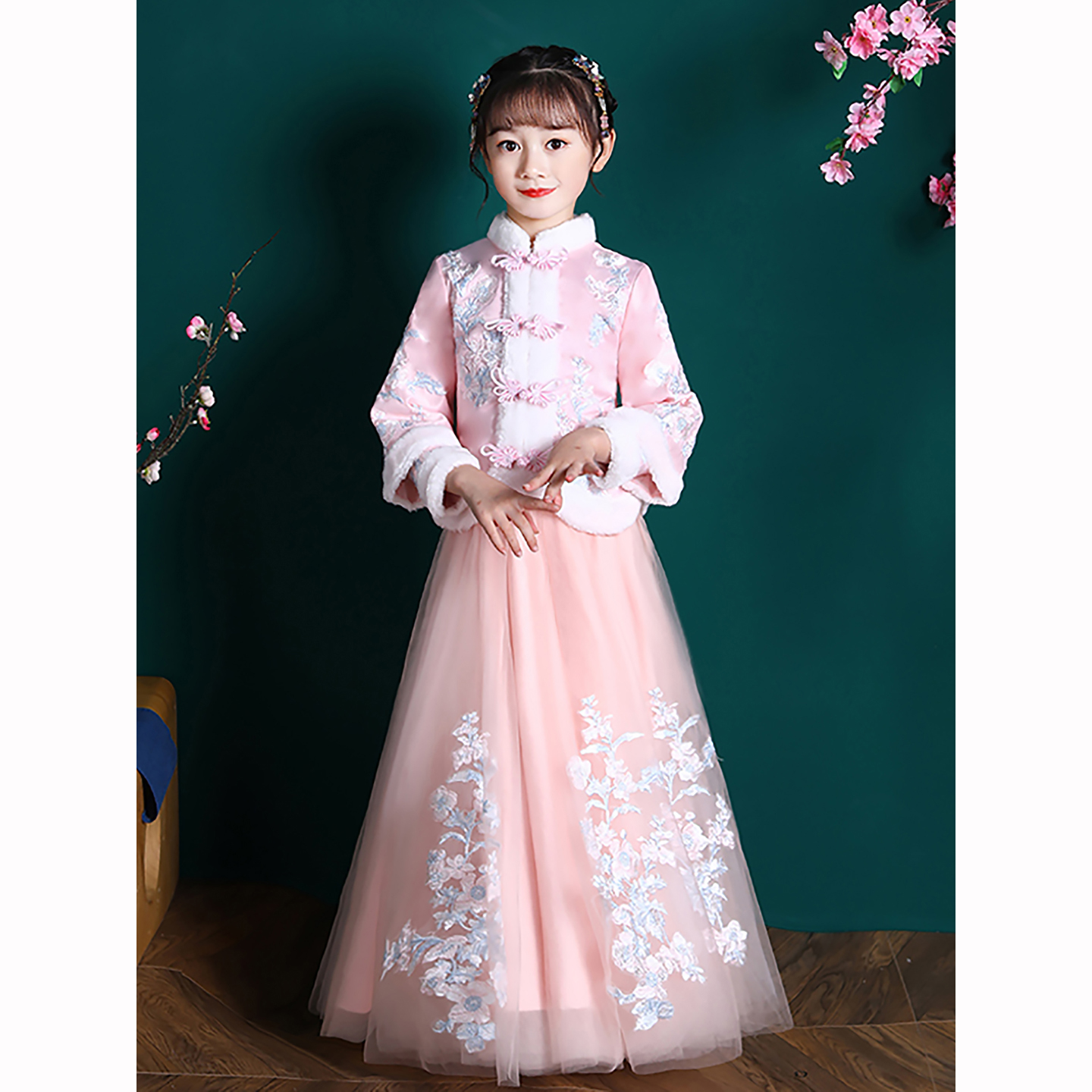 女童旗袍裙国风新年装汉服粉色
