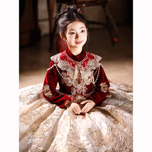 国风儿童旗袍冬装女童新中式喜庆过年主持人礼服红色女孩拜年服冬
