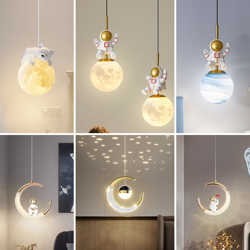 儿童房吊灯卧室床头灯小白熊男孩女孩宇航员月球吊线灯小吊灯