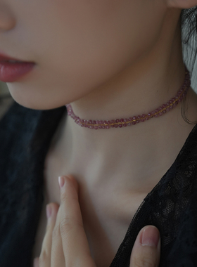 薄雾玫调小众天然碧玺choker颈链14k包金精致文艺手工可调节项链