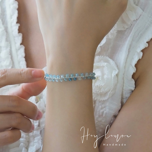 天然海蓝宝双层手工编织手链清冷气质3月生辰石小众设计感925纯银