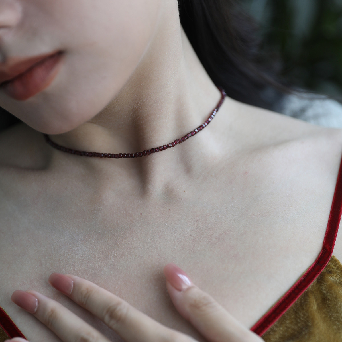 小众宝藏单品 一月生辰石能量石14k包金方糖石榴石锁骨链choker