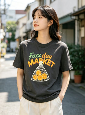FOXXDAY 【网袋橙子】彩色字母短袖T恤夏季纯棉宽松清新半袖上衣