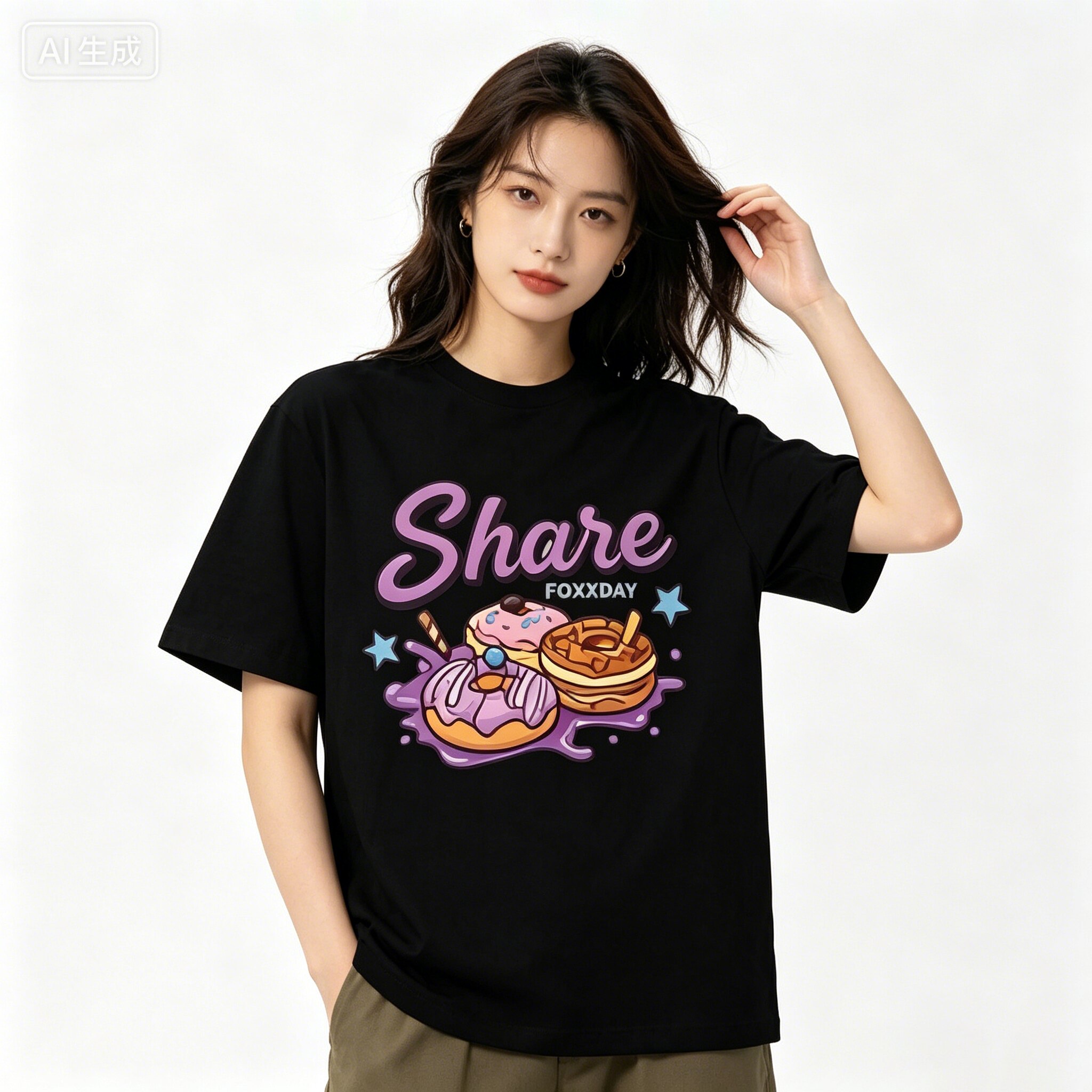 FOXXDAY 街头风 Share 甜品涂鸦印花纯棉短袖男美式复古宽松休闲