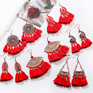 过年红色流苏民族风耳环轻奢高级感小众新年耳夹无耳洞饰品女 新款