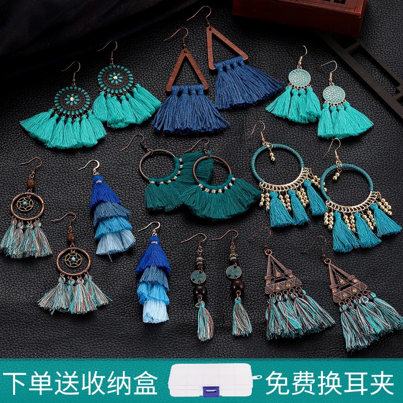旅游穿搭民族风西藏耳饰耳夹无耳洞女复古长流苏耳坠波西米亚耳环